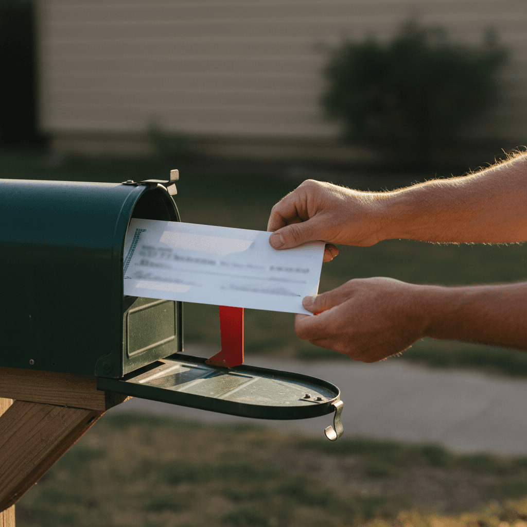 Hands placing envelope into residential mailbox