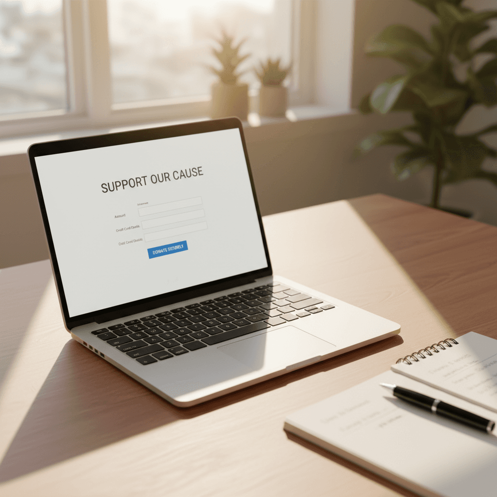 Laptop displaying online donation form on wooden desk