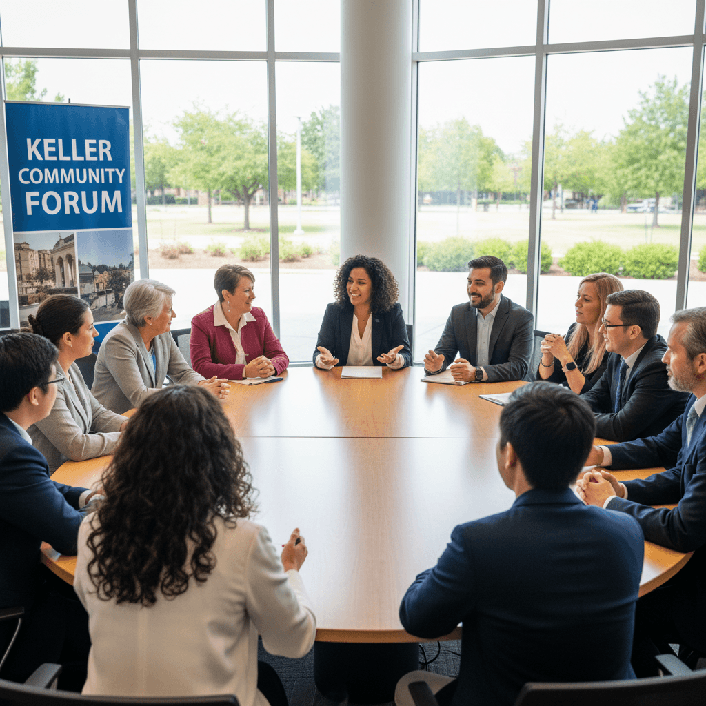 Residents engaged in a lively public forum, discussing community issues in Keller, Texas.