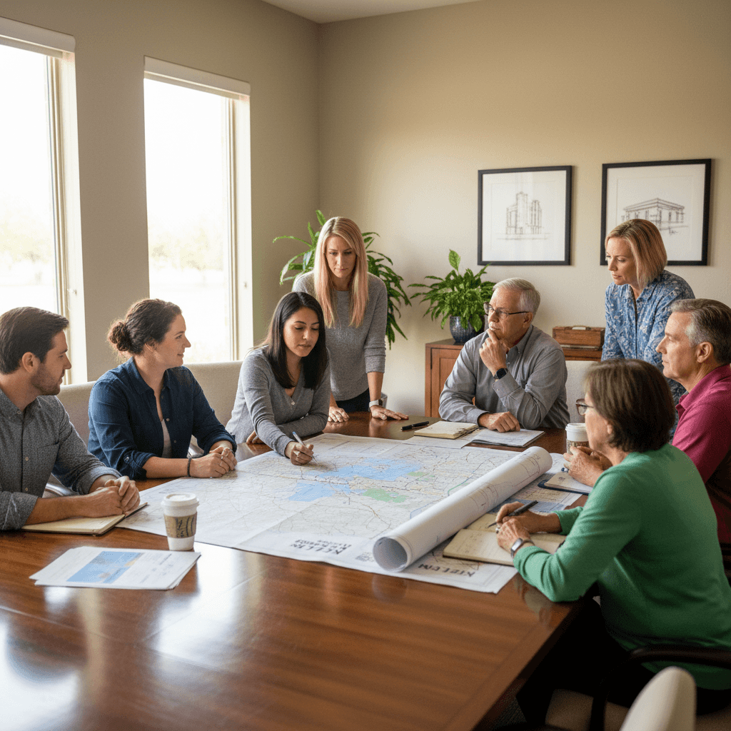 Community members and officials reviewing infrastructure plans together