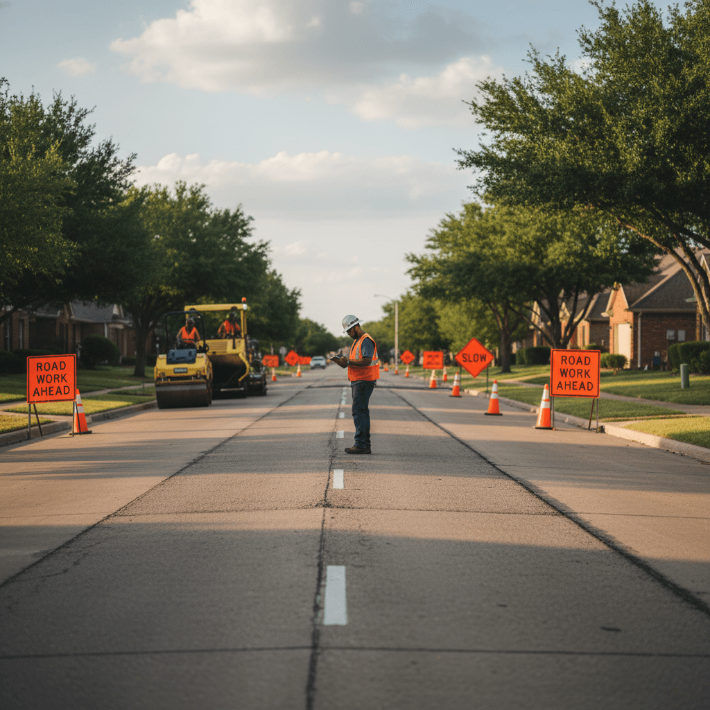 Road maintenance work in progress on a Keller residential street
