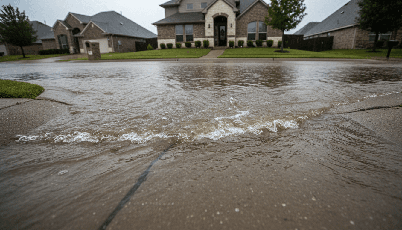 Water flooding a suburban street in Keller, Texas, highlighting infrastructure issues.