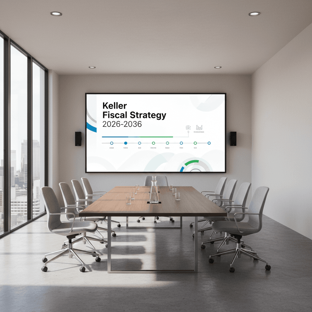 Presentation board with Keller Fiscal Strategy 2026-2036 in a modern conference room