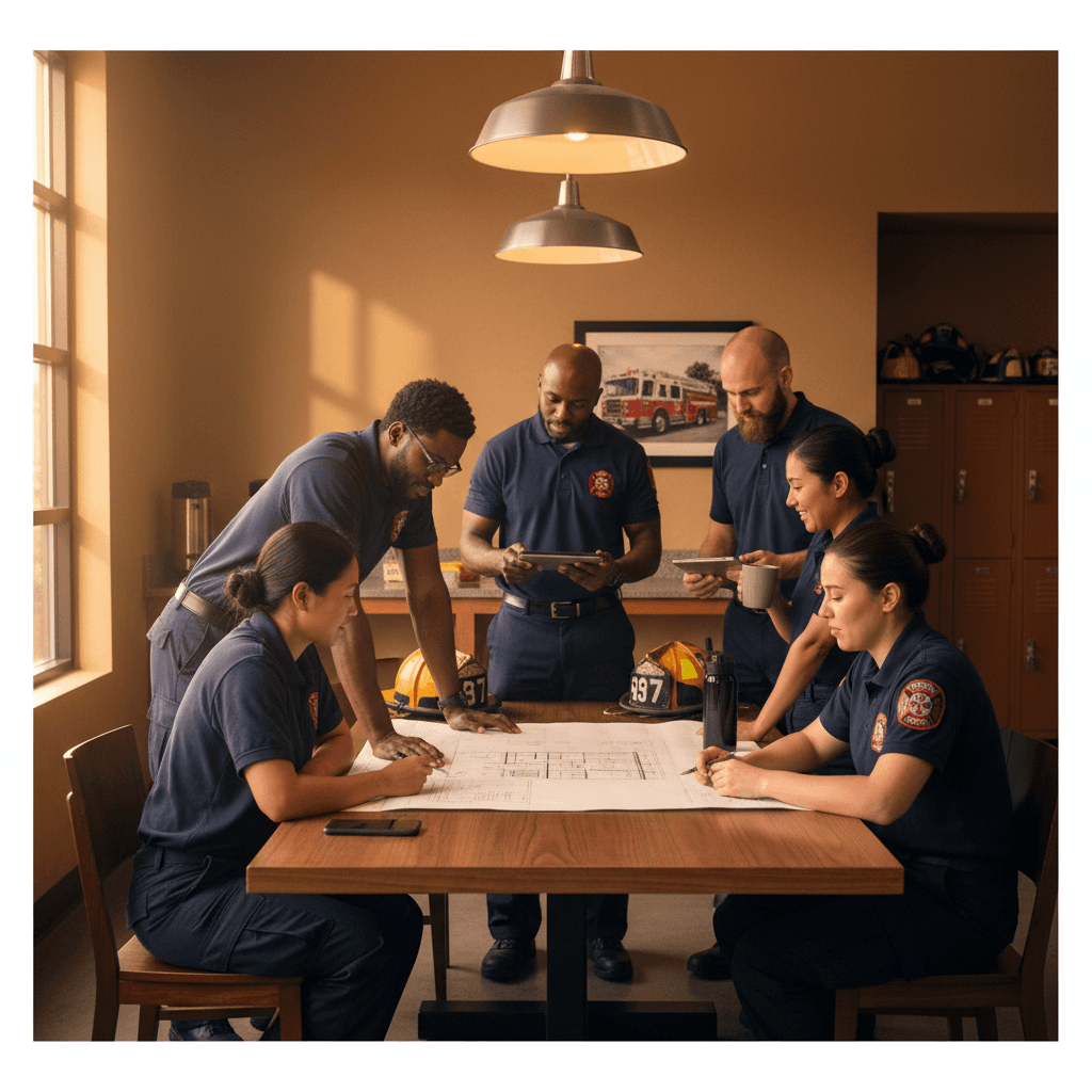 Fire crew team gathered in station