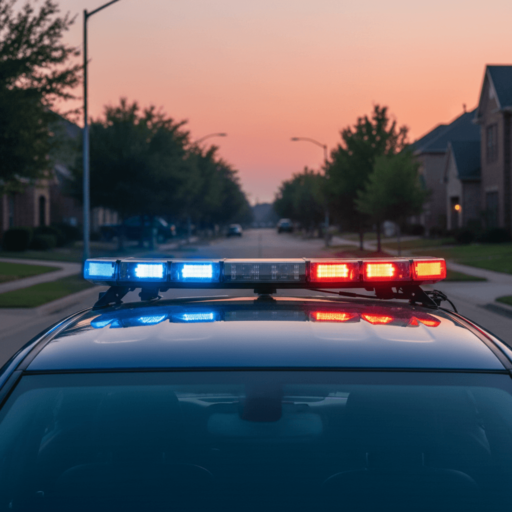 Flashing police lights on a patrol car in a Keller residential street at dusk