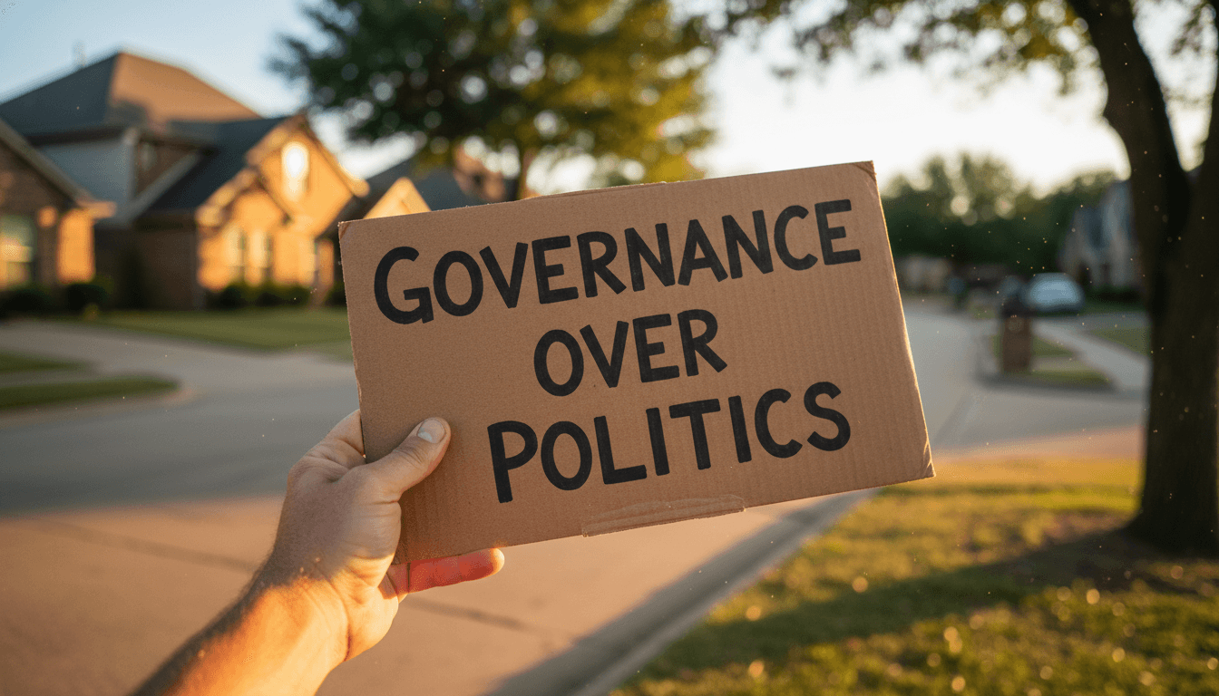 Campaign supporter holding a Governance Over Politics sign in Keller