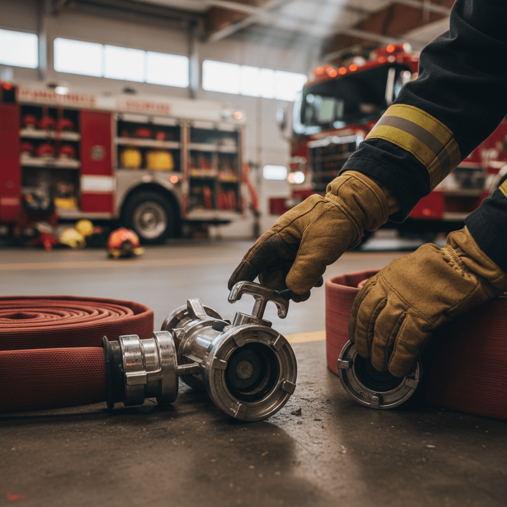 Firefighter inspecting equipment in station
