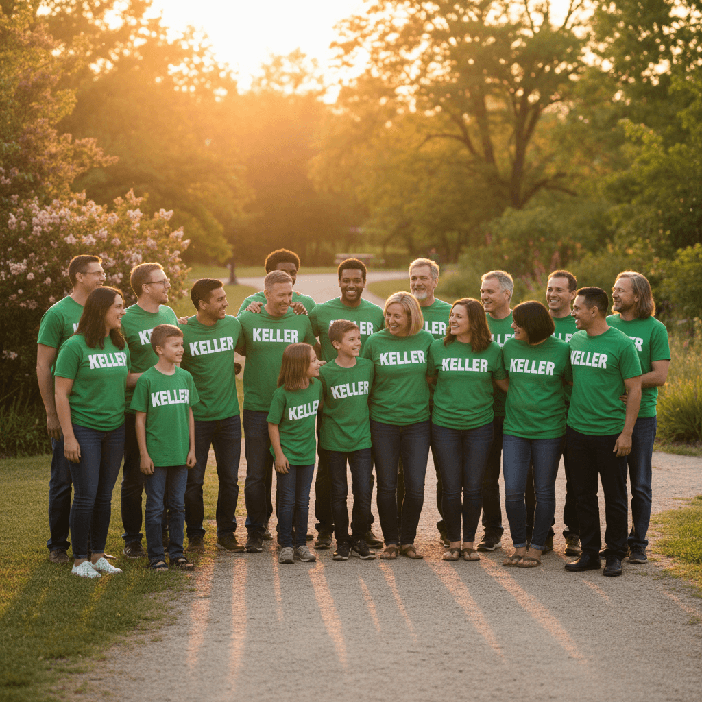 Community group wearing green 'Keller' t-shirts in a sunlit park at sunset