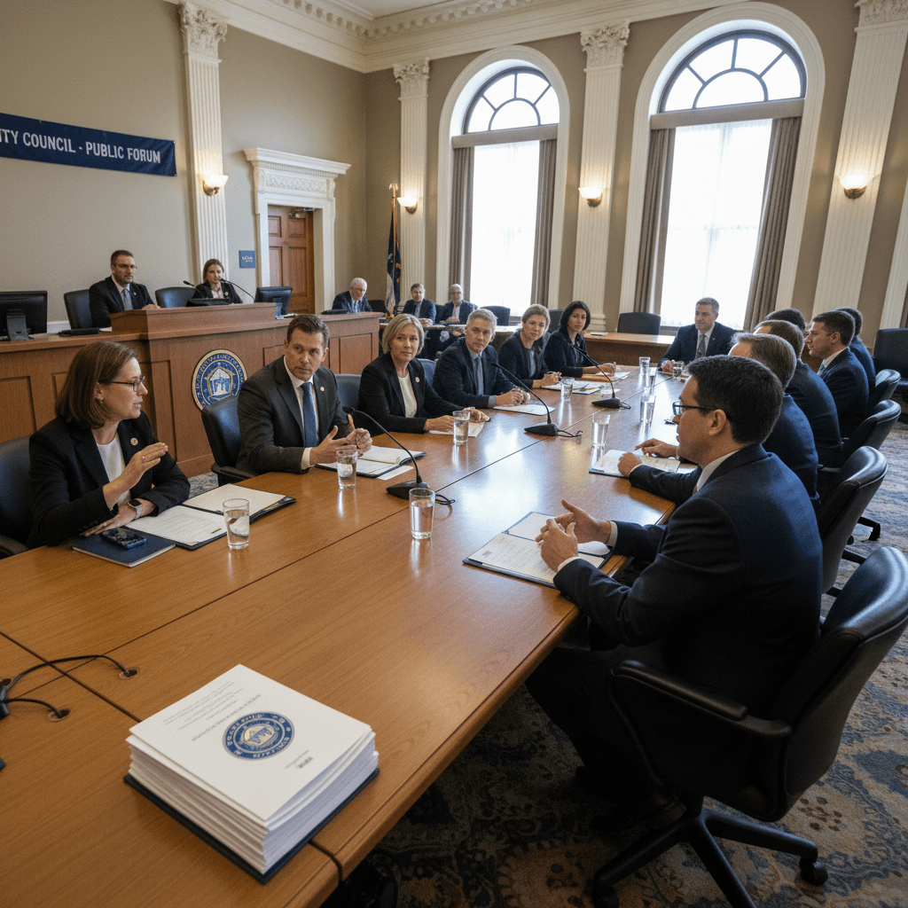 City officials collaborating in a council meeting
