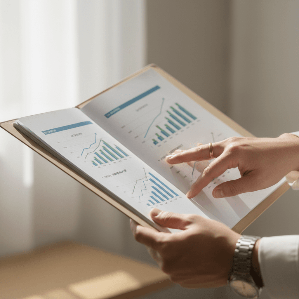 Professional hands holding financial report with printed charts and trend analysis data