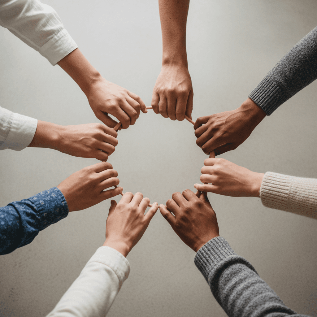 Diverse hands joined together in a circle, symbolizing community unity and collective support