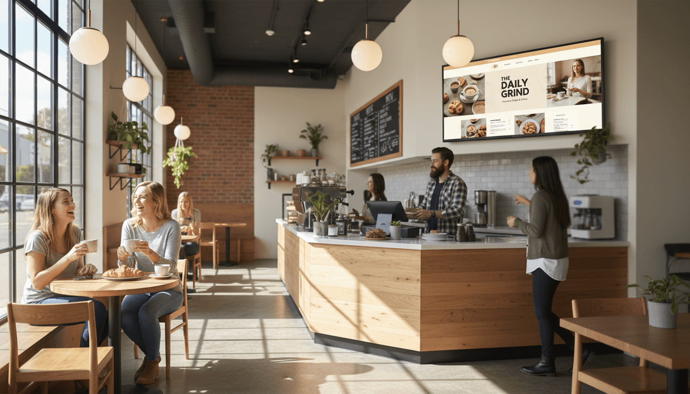 Café interior showing website displayed on monitor with customers dining, demonstrating small business digital integration