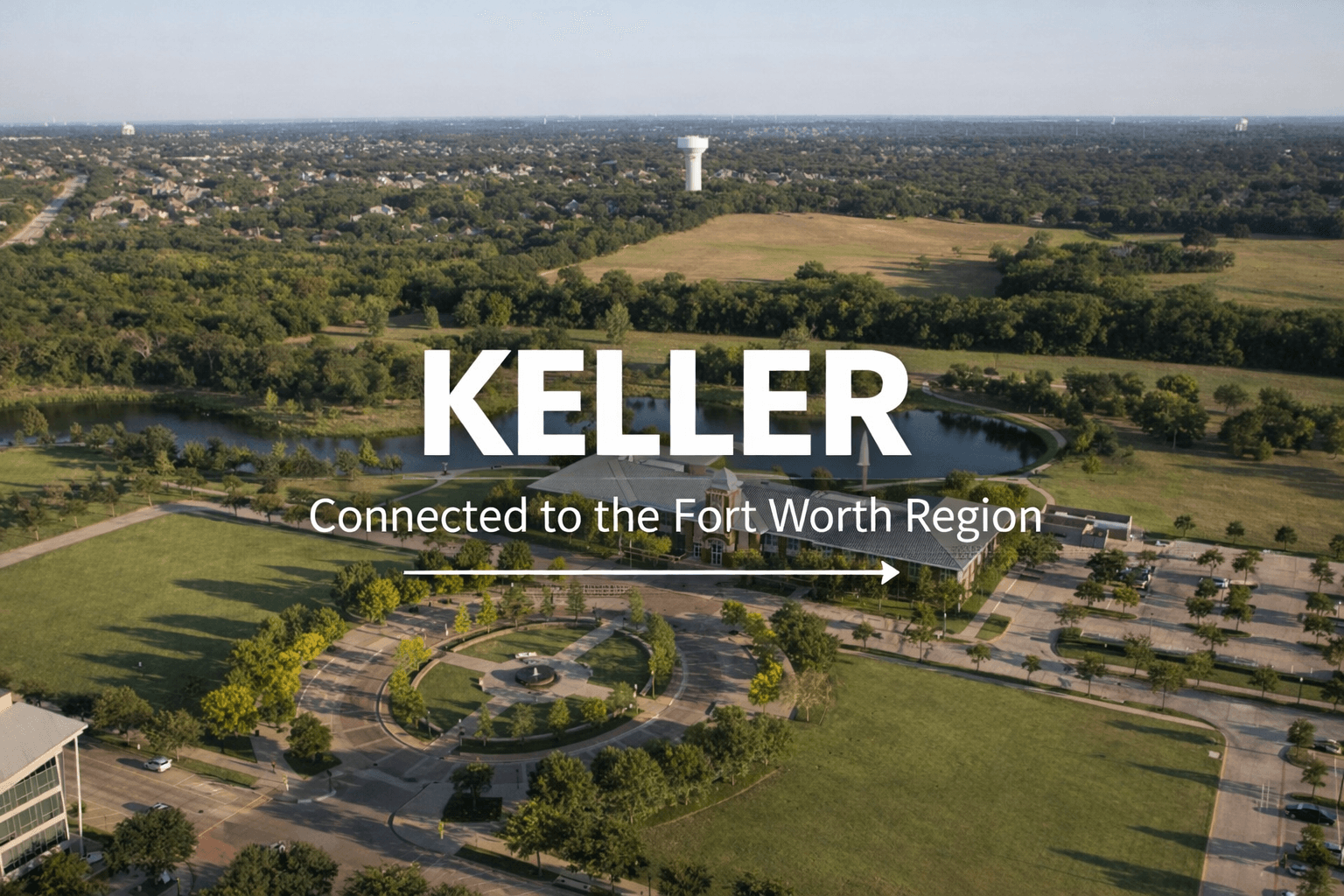 Aerial view of Keller, Texas, featuring a park, city building, and pond with text overlay.