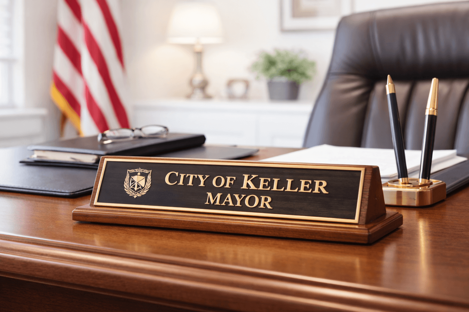 Wooden nameplate reading City of Keller Mayor on a desk with an American flag background.