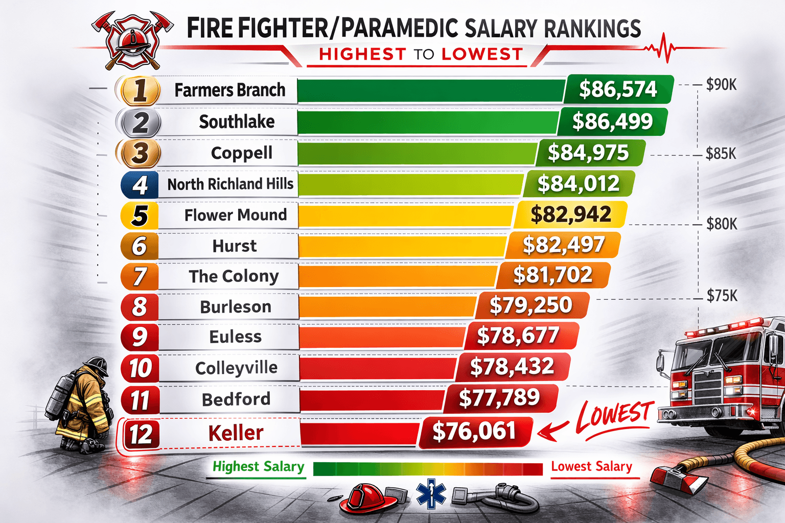 Bar chart ranking firefighter/paramedic salaries from Farmers Branch ($86,574) to Keller ($76,061).