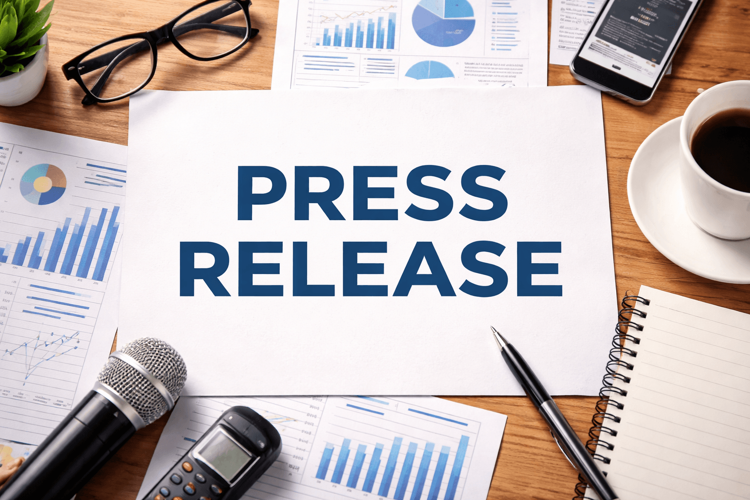 Paper reading 'PRESS RELEASE' on a desk with a microphone, coffee, and business charts.